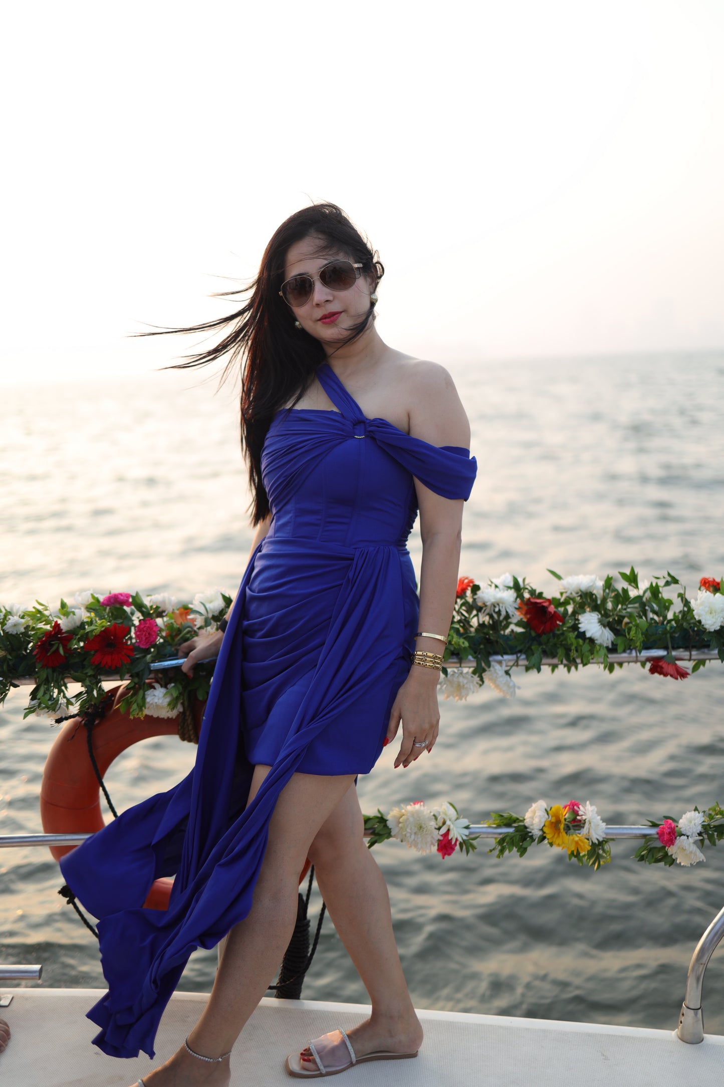 The Sejal cobalt blue Lycra draped dress