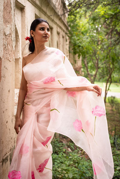 Pink Rose Organza Saree online in USA | Free Shipping , Easy Returns -  Fledgling Wings